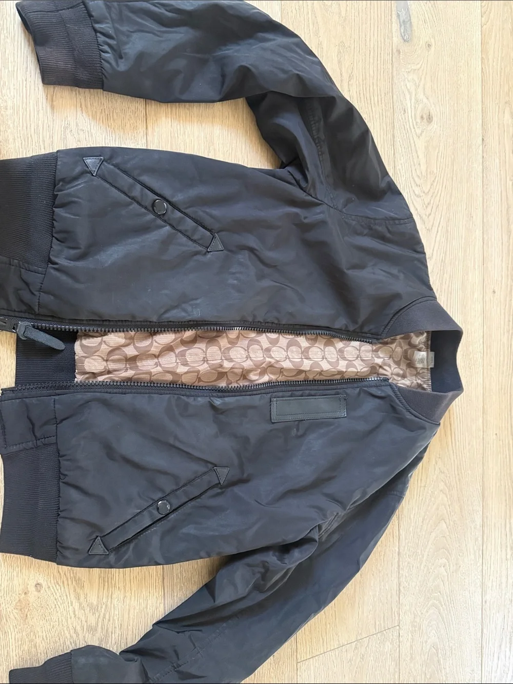 Coach Black Bomber Jacket with Signature Tan Lining